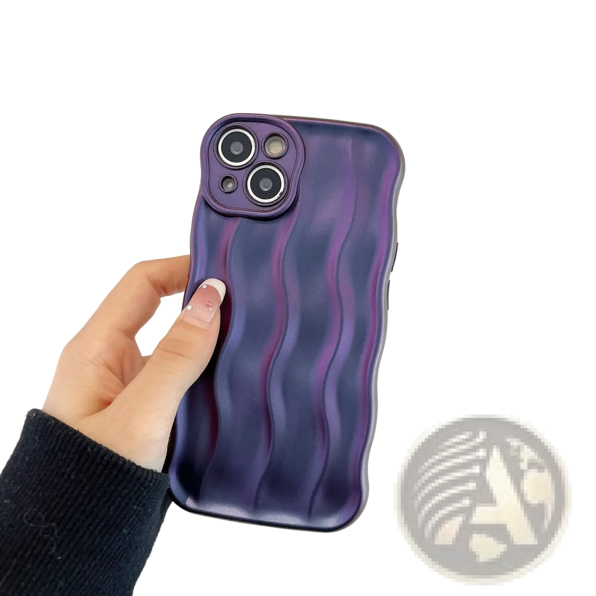 A glossy purple wavy liquid silicone iPhone case shown from the back with three camera cutouts