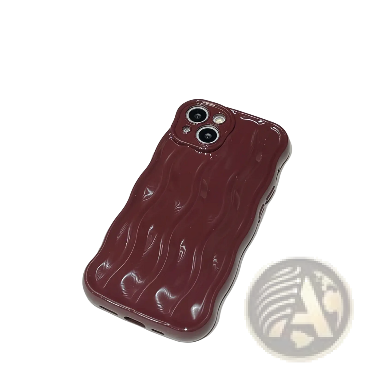 A glossy burgundy wavy liquid silicone iPhone case showing the back side with a textured surface