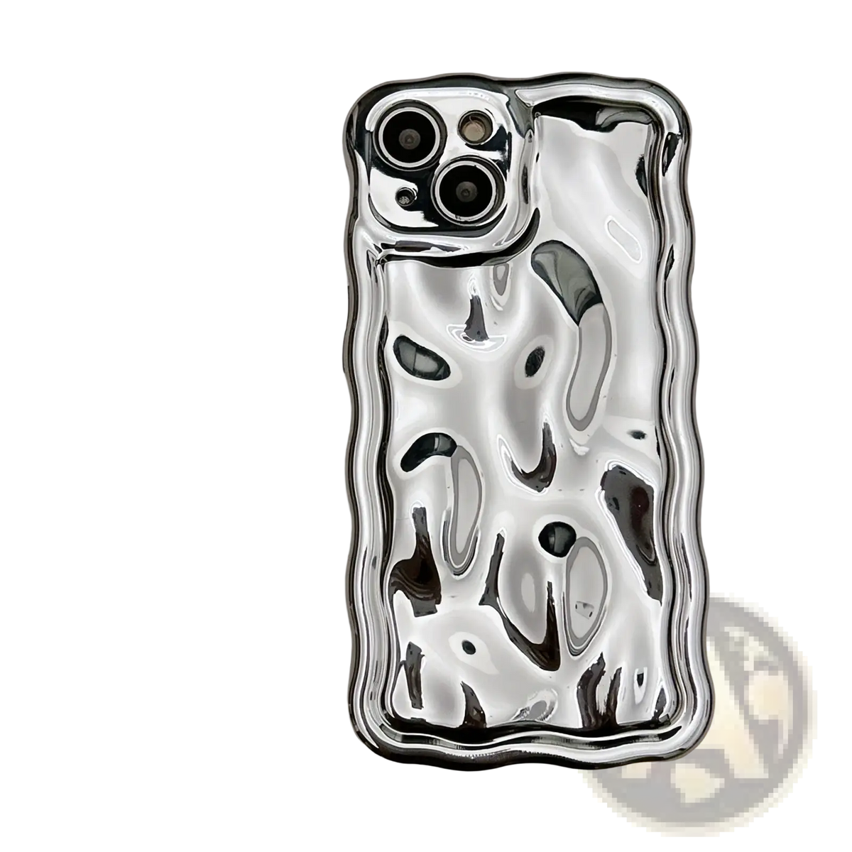 Shiny silver wavy metallic iphone case with fluid abstract design and electroplated protection shown from the back side