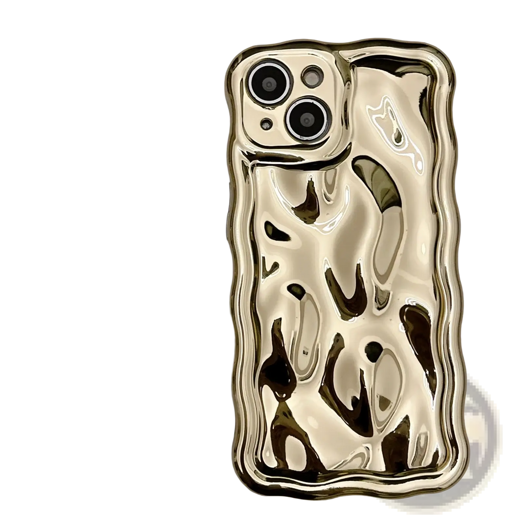 Back side of a gold-colored glossy wavy metallic iPhone case with fluid dark reflective electroplated design