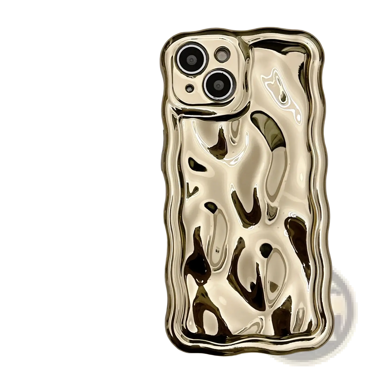 Back side of a gold-colored glossy wavy metallic iPhone case with fluid dark reflective electroplated design