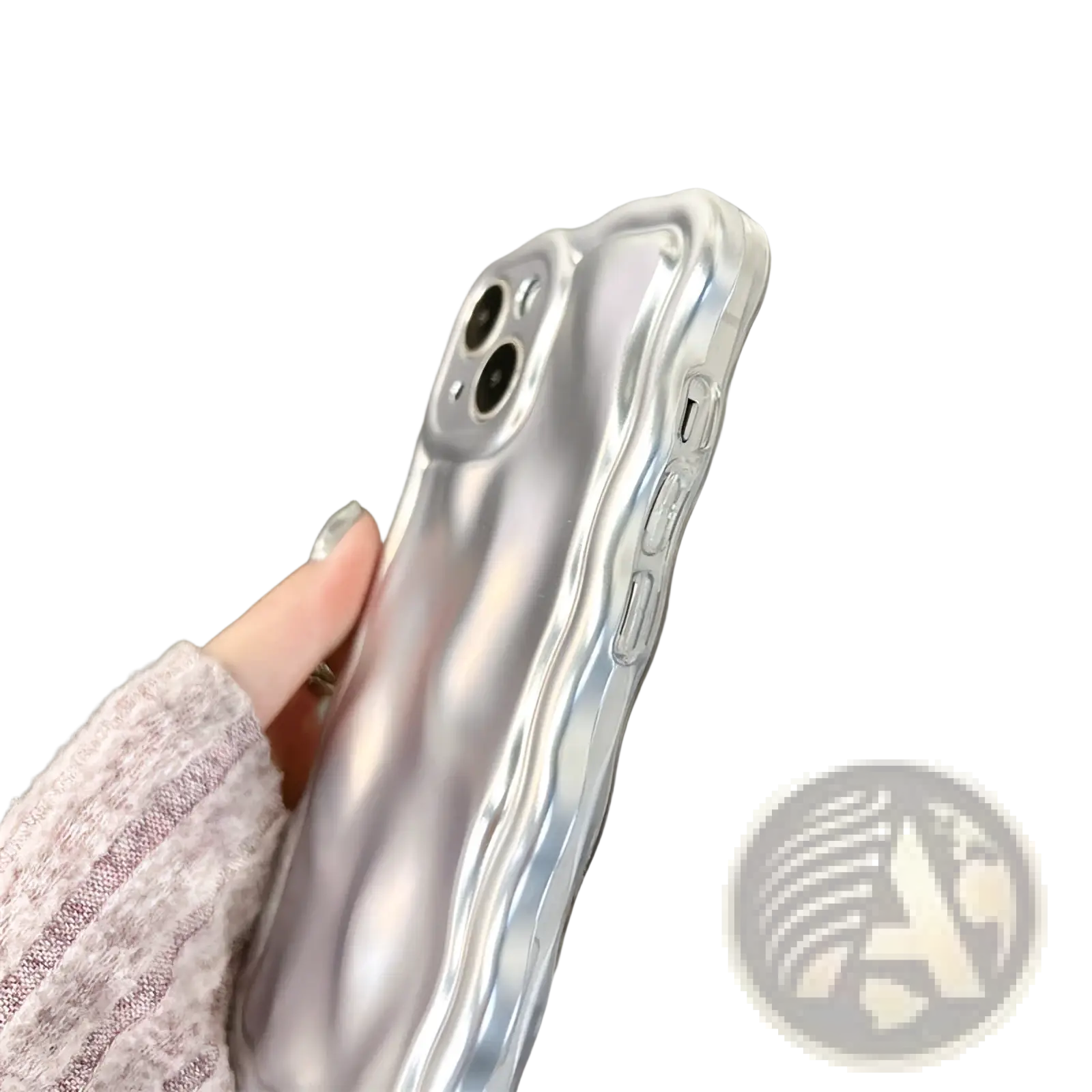 Back side of a translucent silver wavy metallic iPhone case with glossy texture and precise cutouts for protection