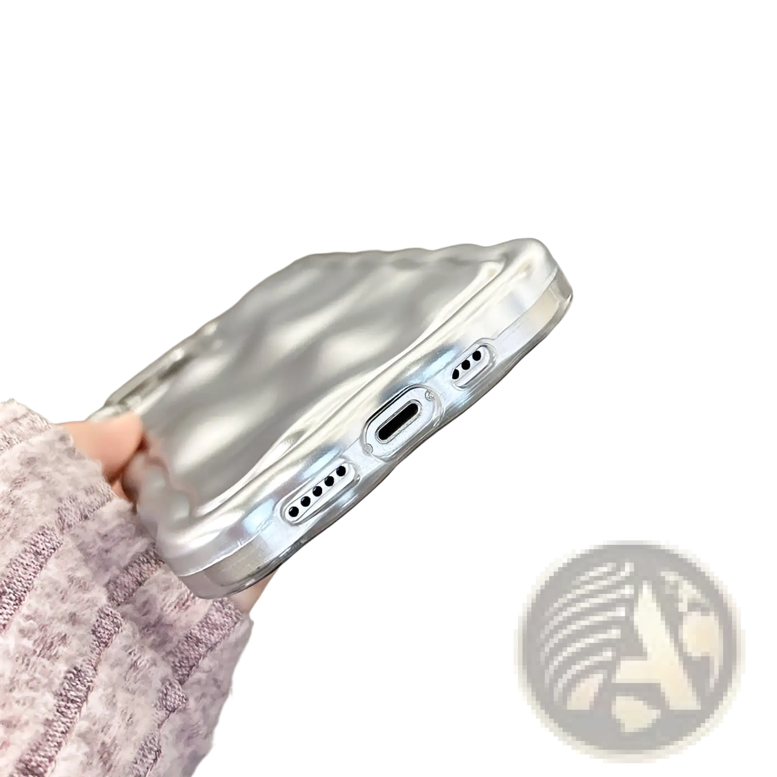 A sleek transparent wavy metallic iphone case with quilted silver electroplated design and precise port cutouts back side