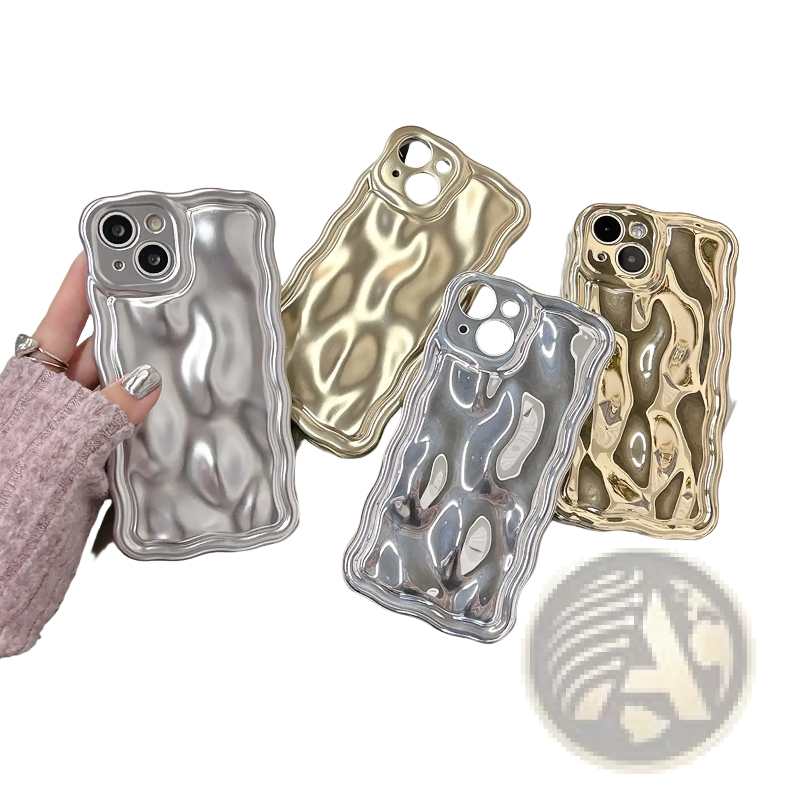 Shiny silver and gold wavy metallic iphone case back with electroplated protection and textured surface