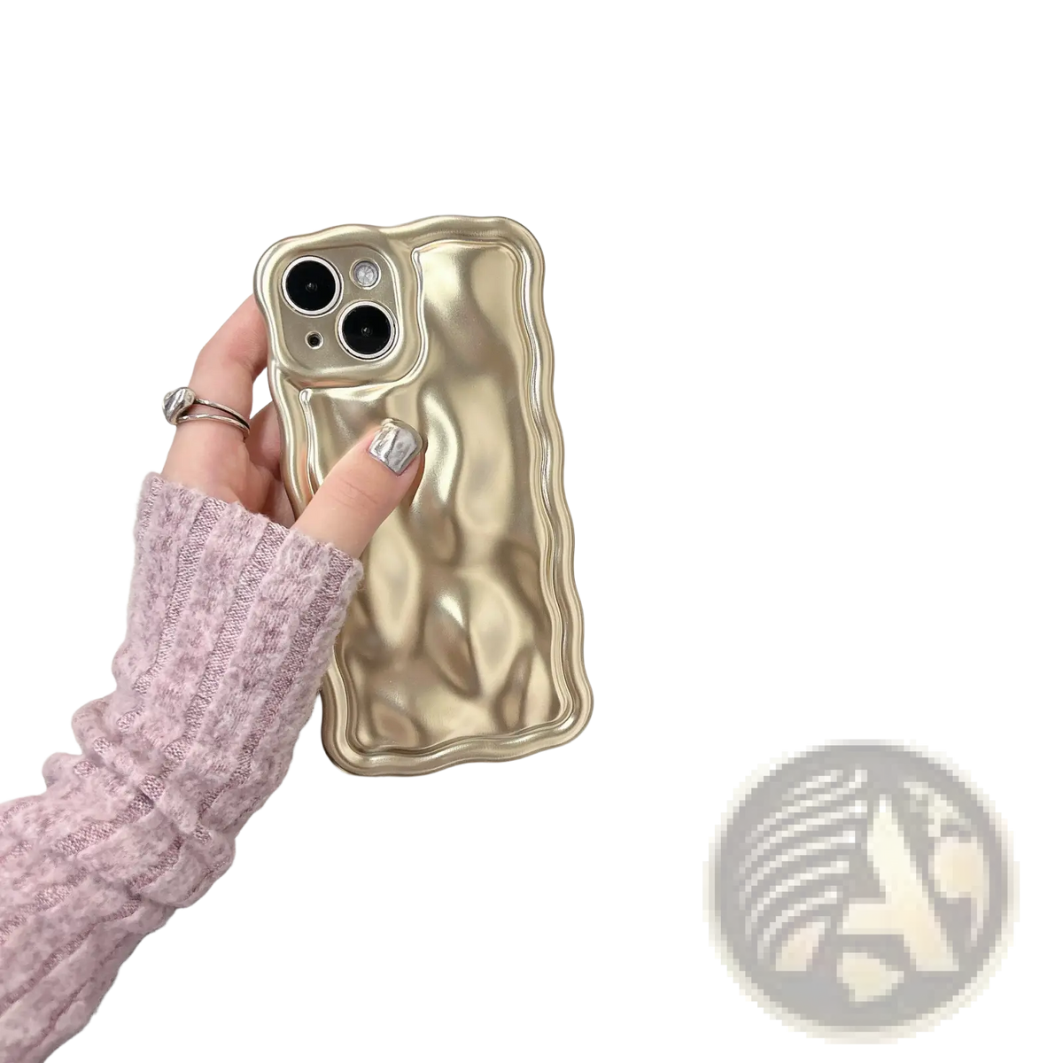 Gold-colored wavy metallic iPhone case with glossy electroplated finish showing the back side of the product