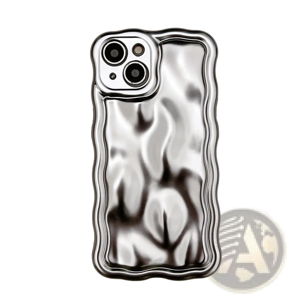 Silver wavy metallic iPhone case back with textured electroplated surface and abstract leaf-like patterns for protection
