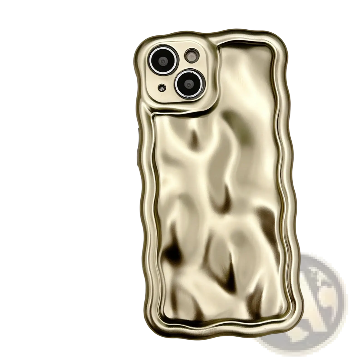Gold-colored wavy textured metallic iphone case back with glossy electroplated finish and precise camera cutout