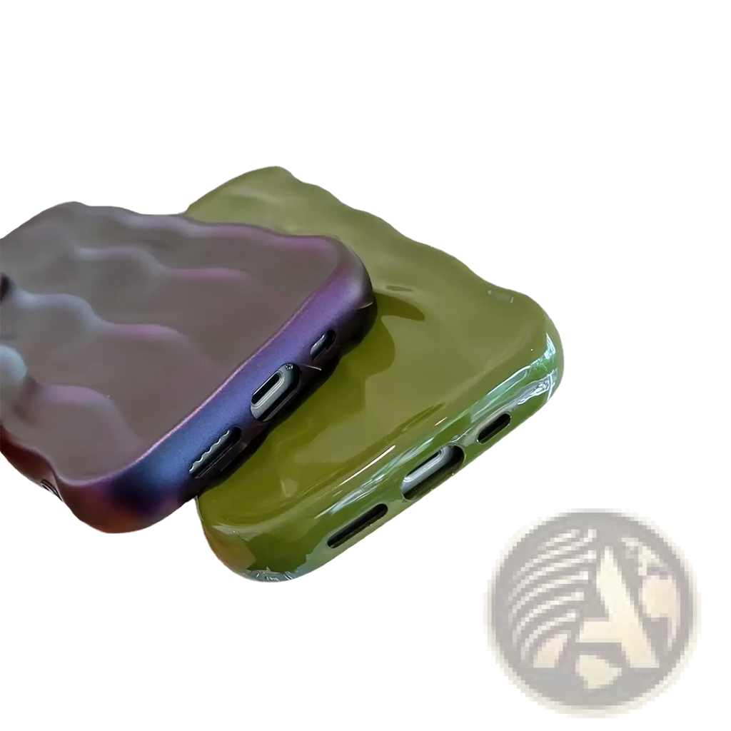 Two glossy iridescent wavy silicone iphone cases with sculpted edges in purple-blue and olive green with port cutouts