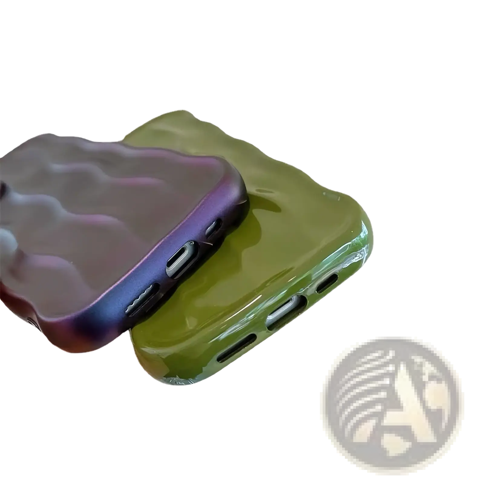 Two glossy iridescent wavy silicone iphone cases with sculpted edges in purple-blue and olive green with port cutouts
