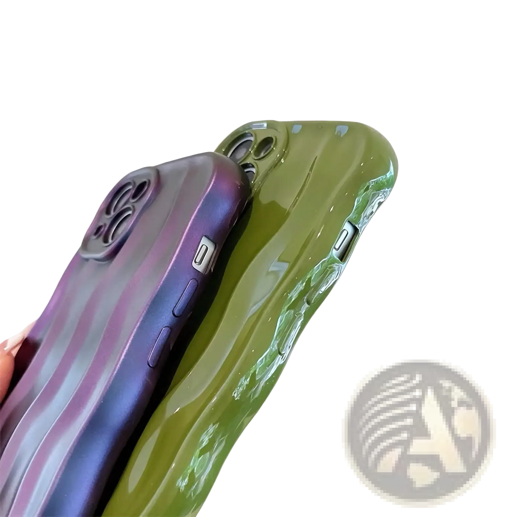 Two glossy wavy silicone iphone cases shown from the back in gradient purple blue and solid olive green colors