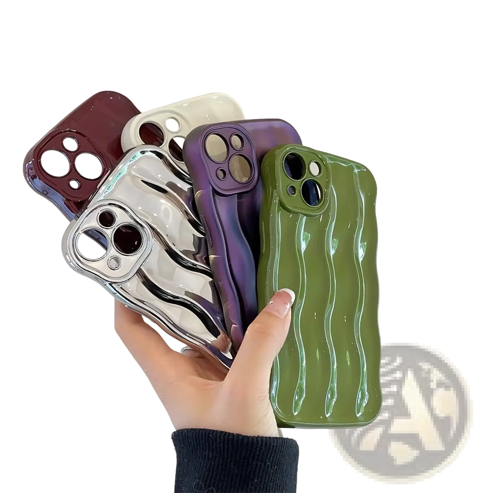 A hand holds glossy wavy silicone iPhone cases in maroon white silver purple and green showing the back side