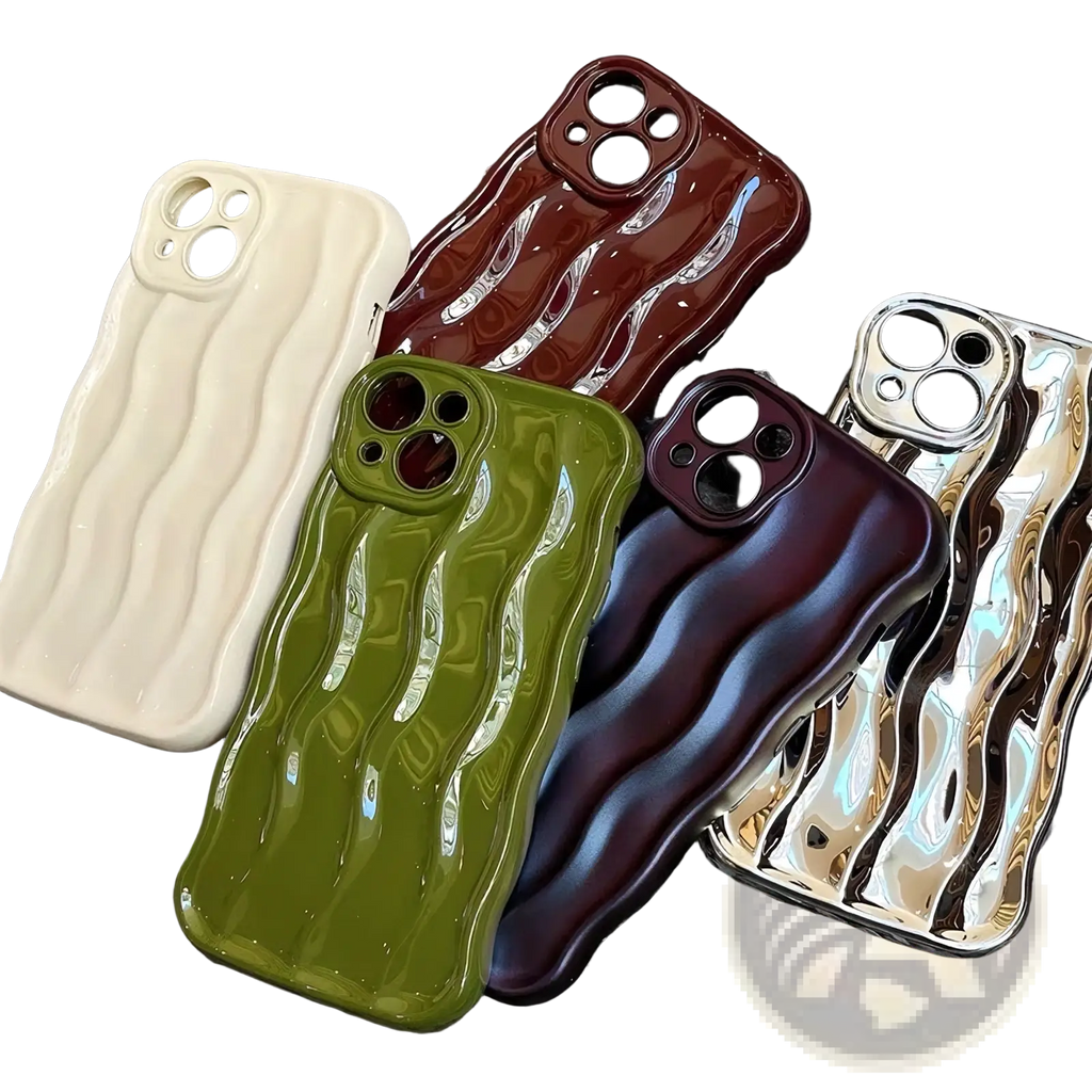 Glossy wavy silicone iphone cases in cream olive green burgundy and metallic gold showing the back side design