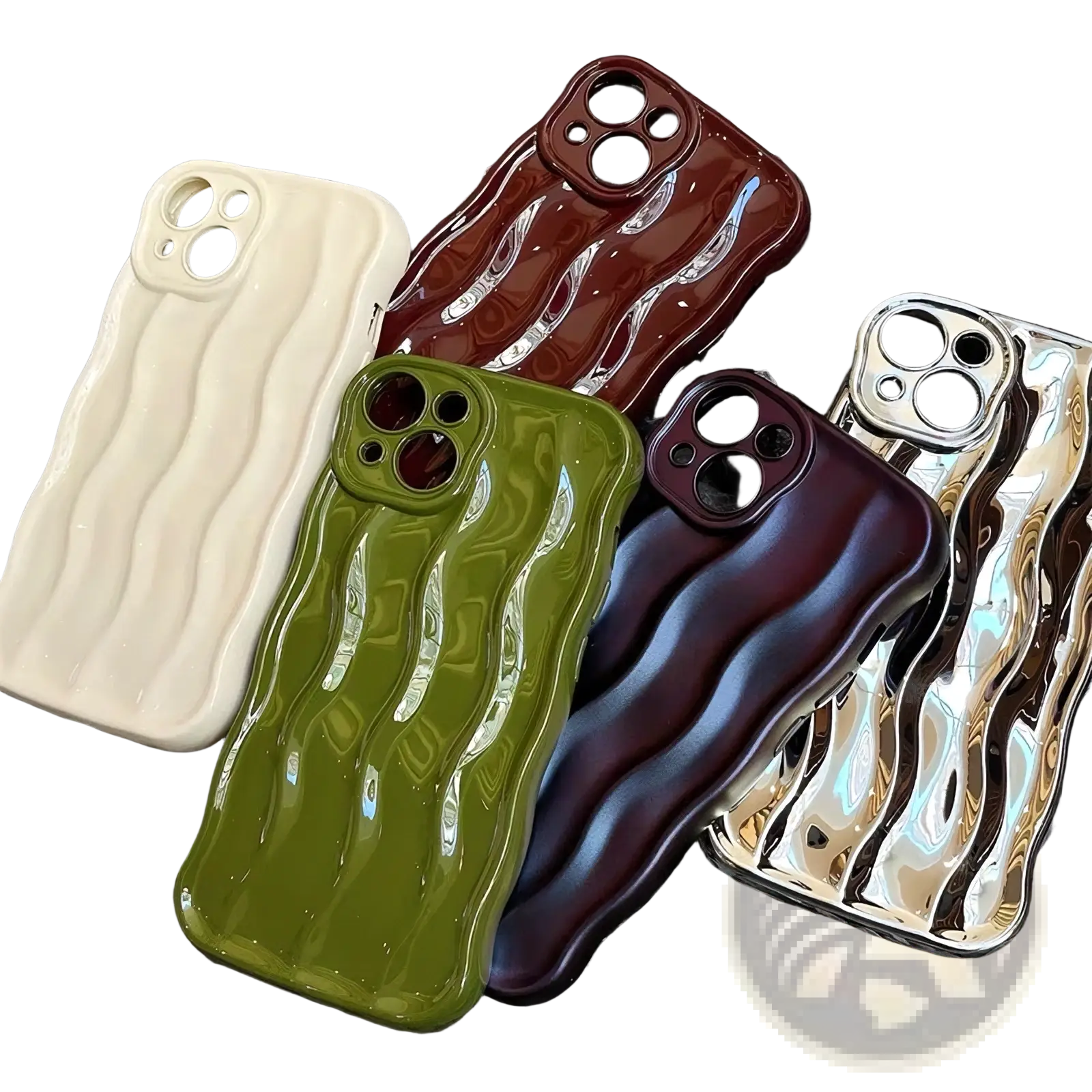 Glossy wavy silicone iphone cases in cream olive green burgundy and metallic gold showing the back side design