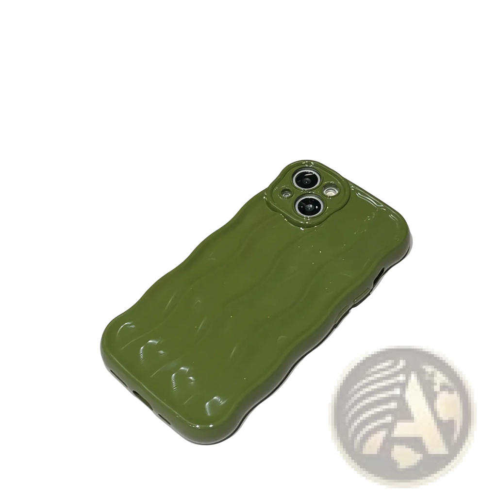 Olive green glossy silicone iphone case with wavy textured back surface water ripple cover design