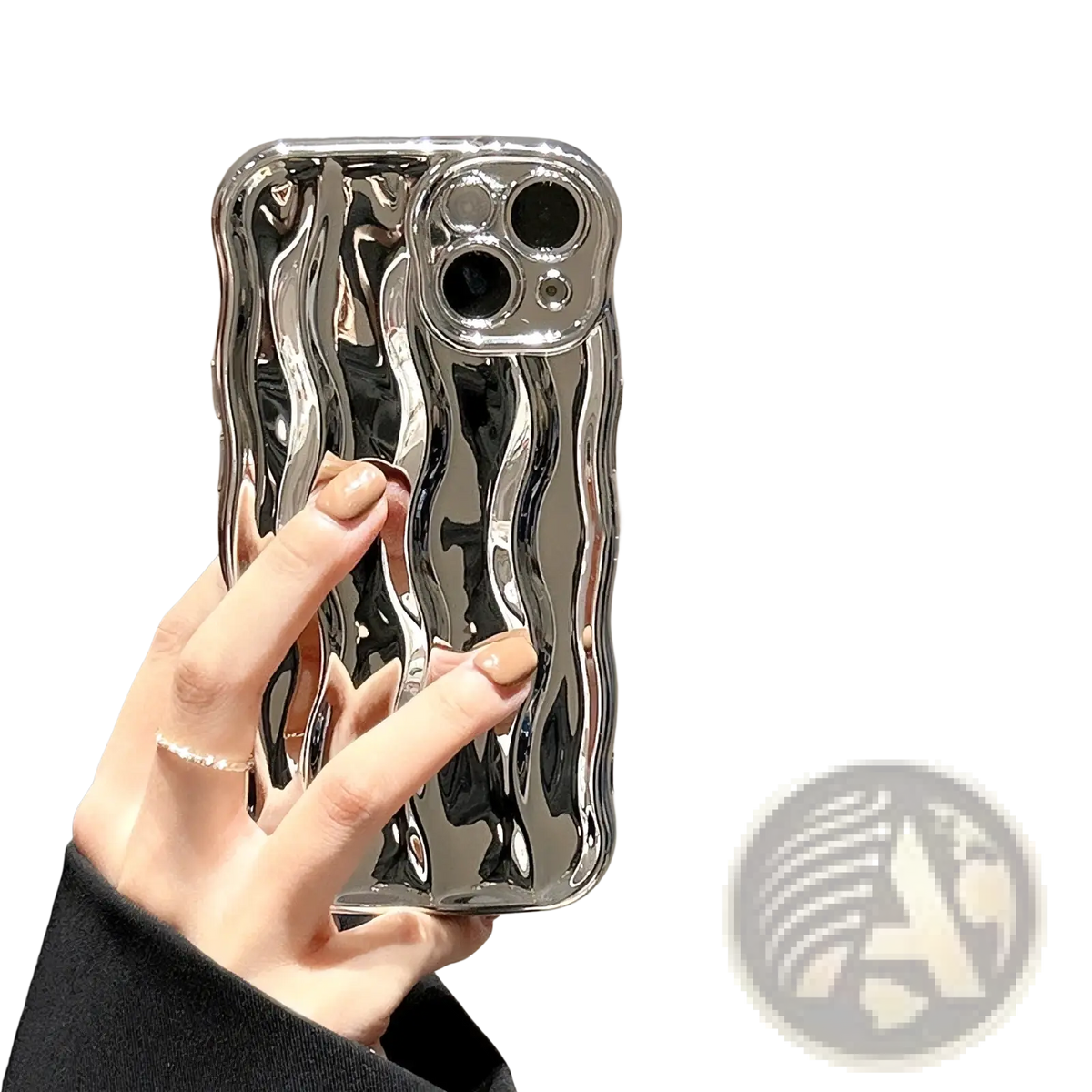 Shiny silver wavy silicone iphone case with liquid-like ripple design showing the back side of the cover
