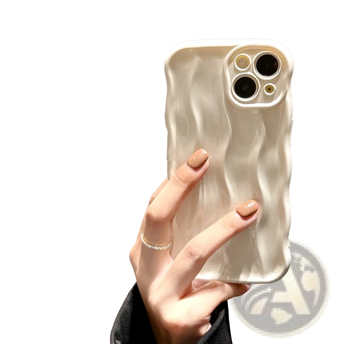 Cream-colored silicone iPhone case with a textured wavy surface shown from the back side for water ripple protection