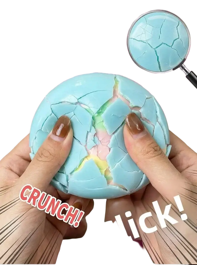 A light blue cracked wax skin squishy stress ball fidget toy with a rainbow interior for stress relief