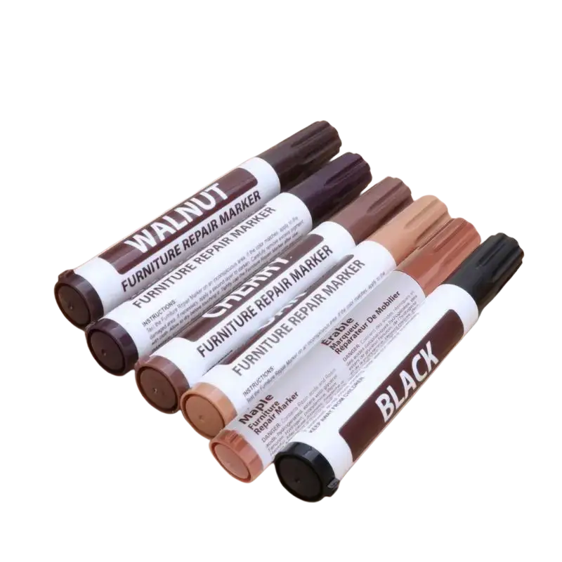 Set of five wax sticks furniture scratch repair markers in walnut cherry maple and black with brown caps for refinishing
