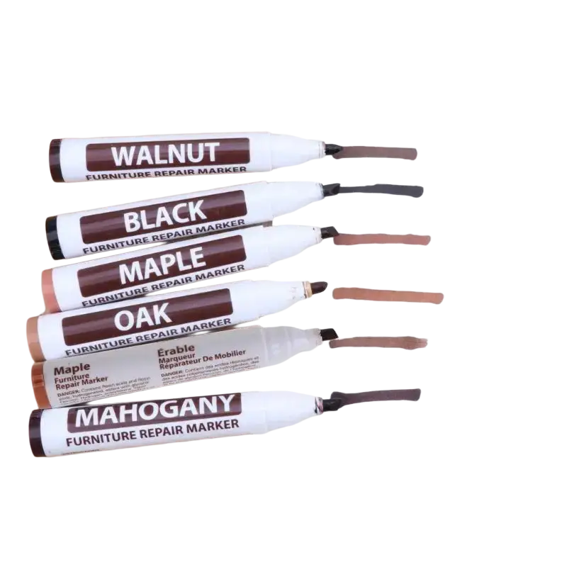 Set of five white and brown labeled wax sticks furniture scratch repair markers with different wood stain colors and caps