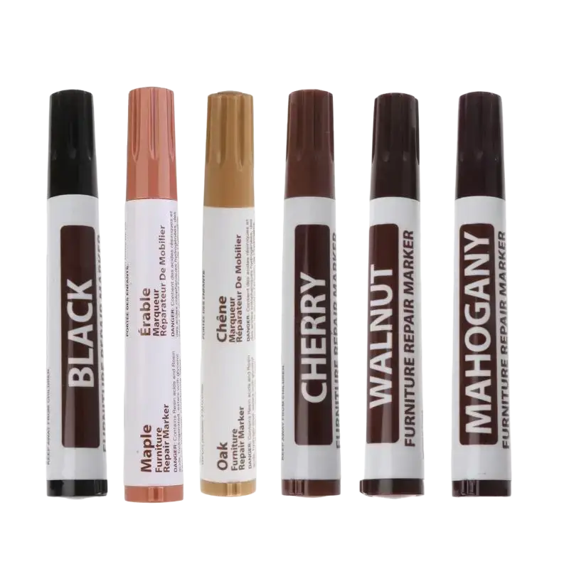 Set of six maple wax sticks furniture scratch repair markers in assorted wood tones including black oak cherry walnut and mahogany