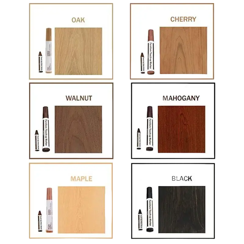 Wax sticks furniture scratch repair markers with wood finish samples in oak cherry walnut mahogany maple and black colors