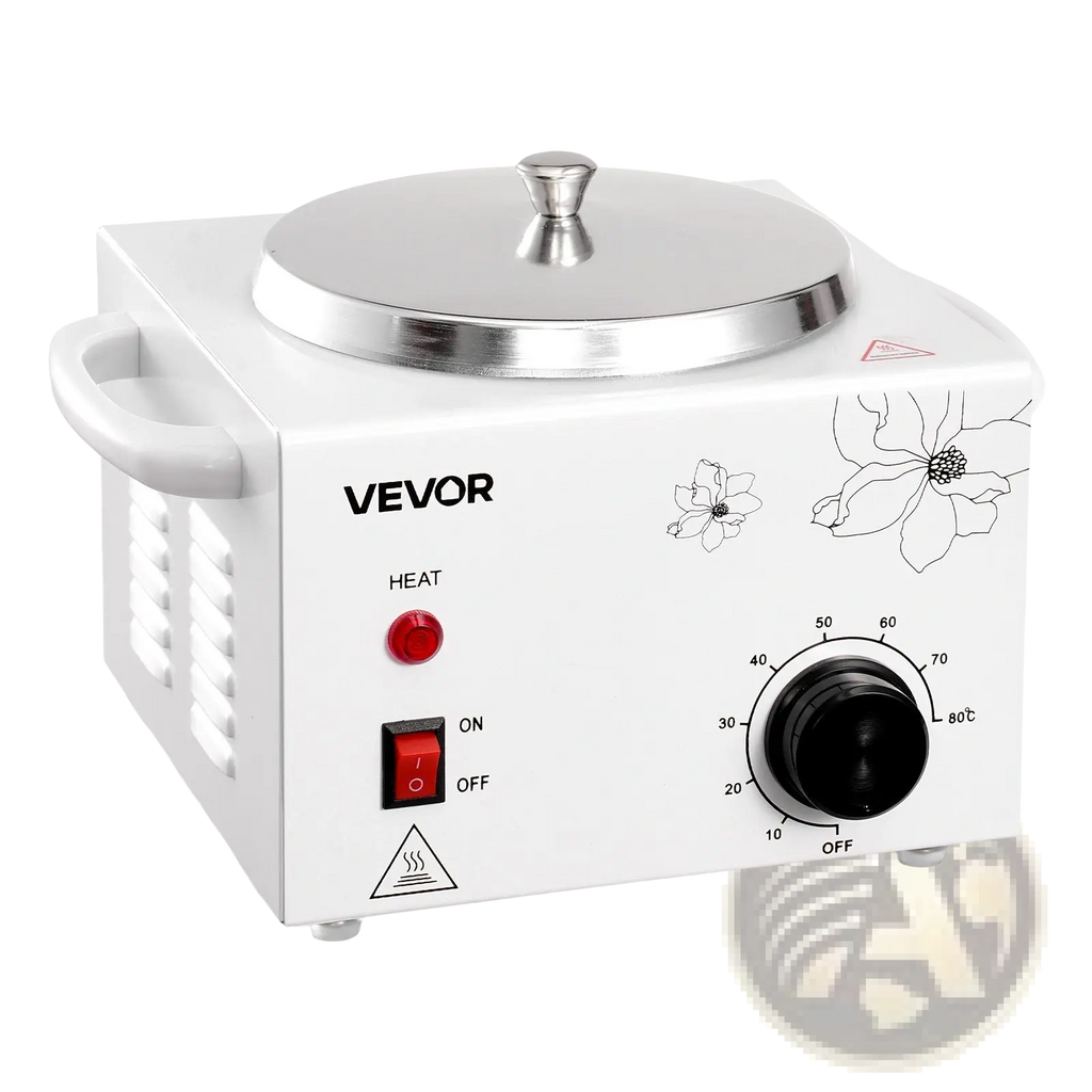 White vevor wax melting machine with stainless steel lid and floral decals for professional hair removal heating
