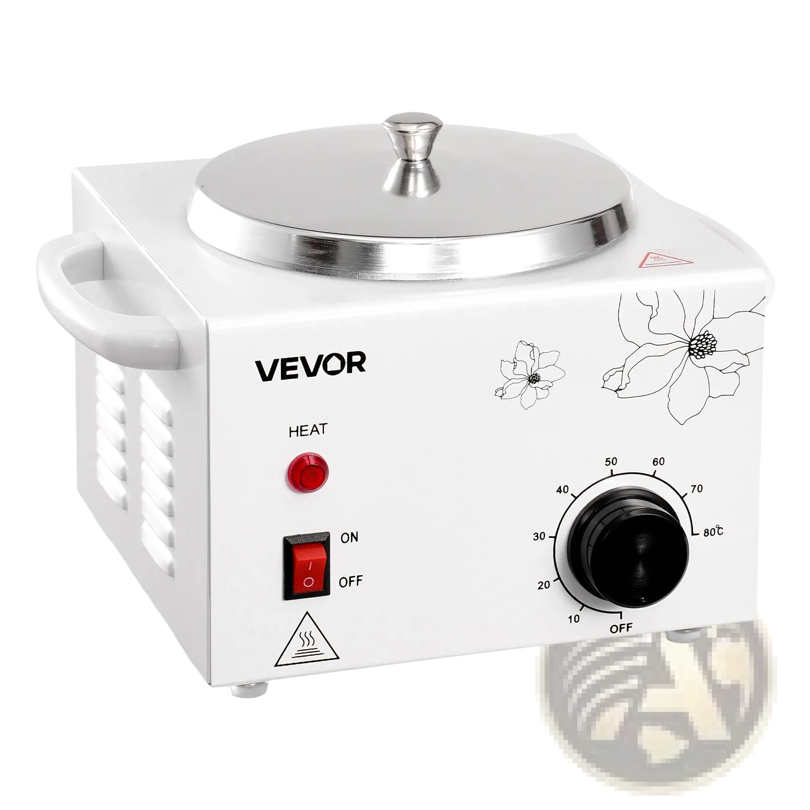 White vevor wax melting machine with stainless steel lid and floral decals for professional hair removal heating