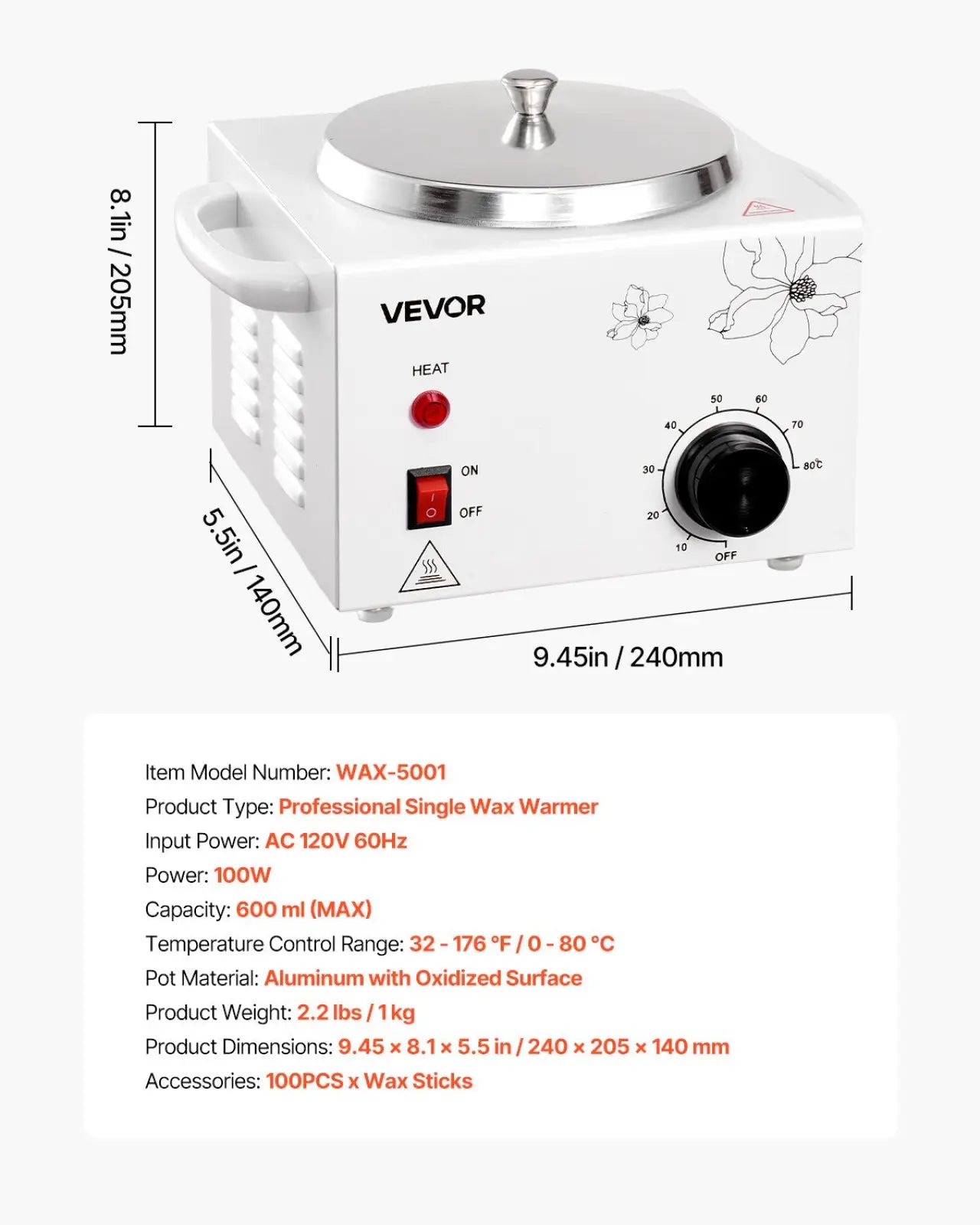 White vevor wax-5001 professional 600ml wax warmer with silver lid and black temperature control dial for hair removal
