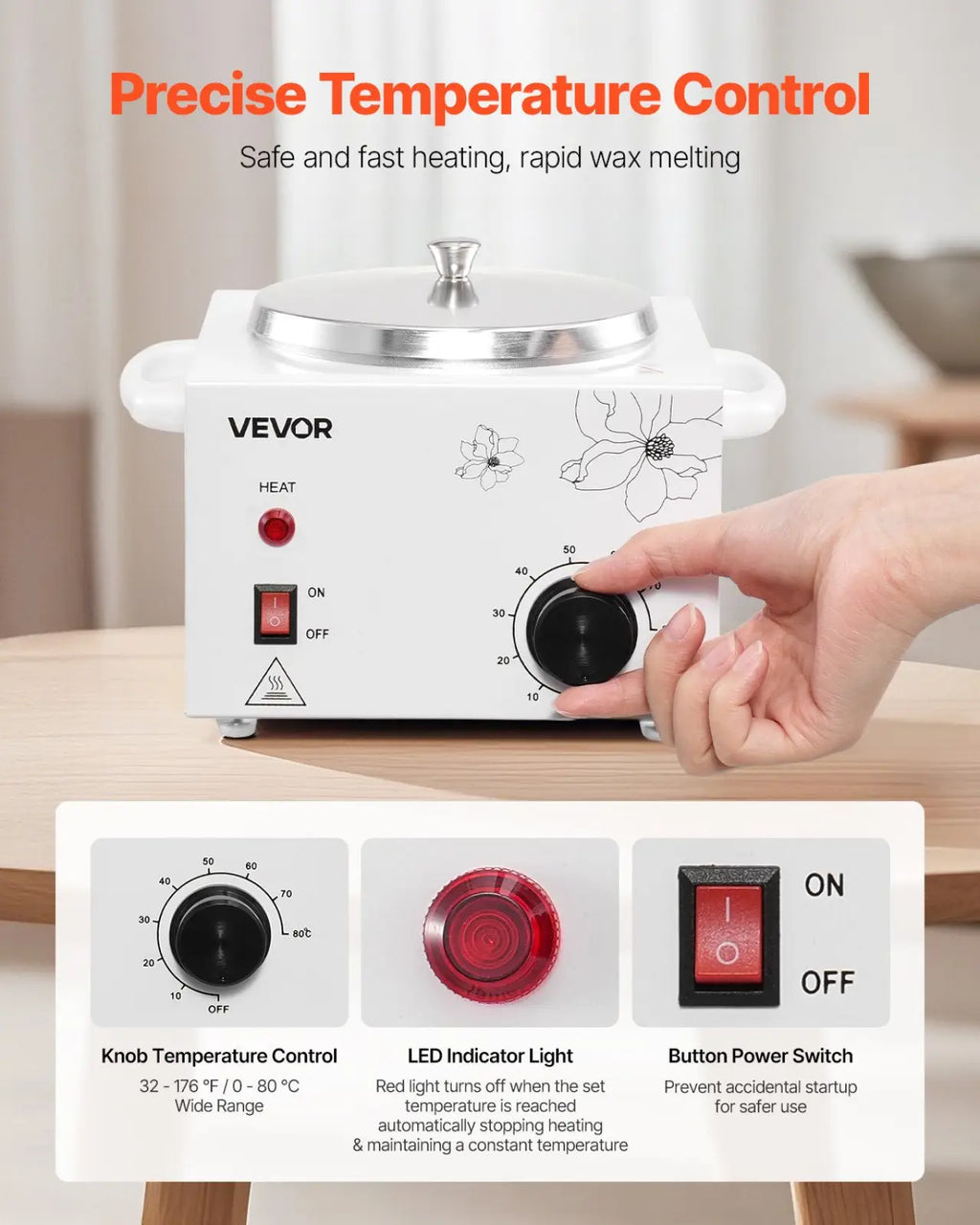 White vevor 600ml wax warmer with silver lid black temperature knob and floral decals for professional hair removal