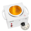 White vevor wax warmer with 600ml circular silver bowl containing golden-yellow melted wax and floral line art for hair removal
