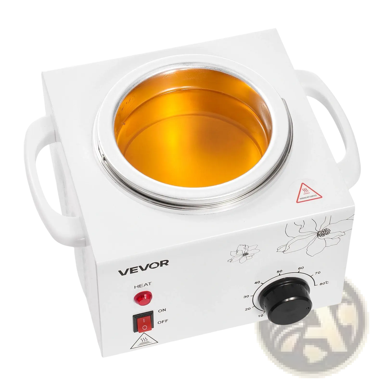 White vevor wax warmer with 600ml circular silver bowl containing golden-yellow melted wax and floral line art for hair removal