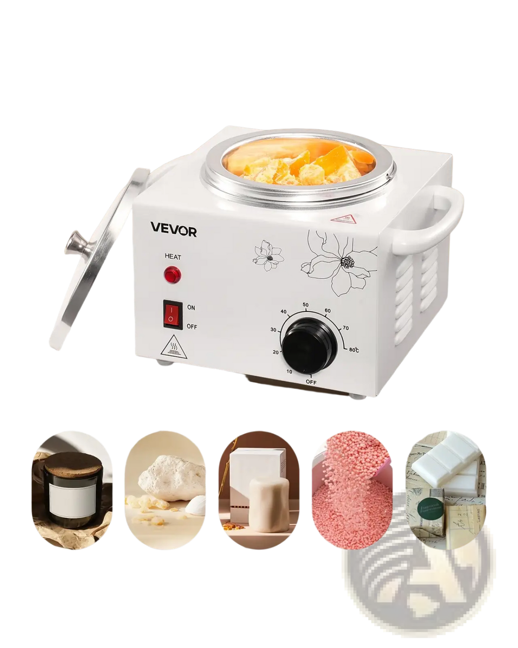 White vevor wax warmer 600ml with silver lid floral design and temperature control knob for professional hair removal heating