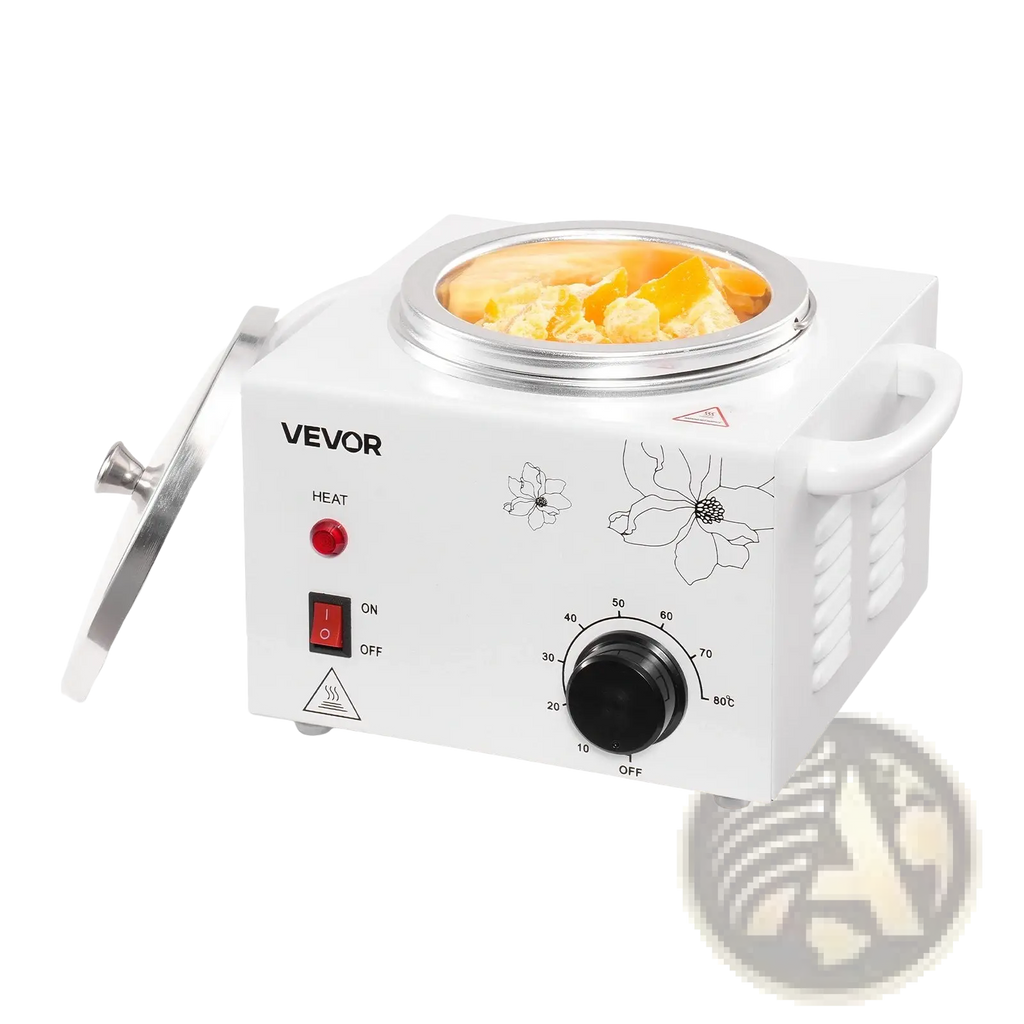 White vevor wax warmer 600ml with silver lid floral decals and temperature controls for precise hair removal heating