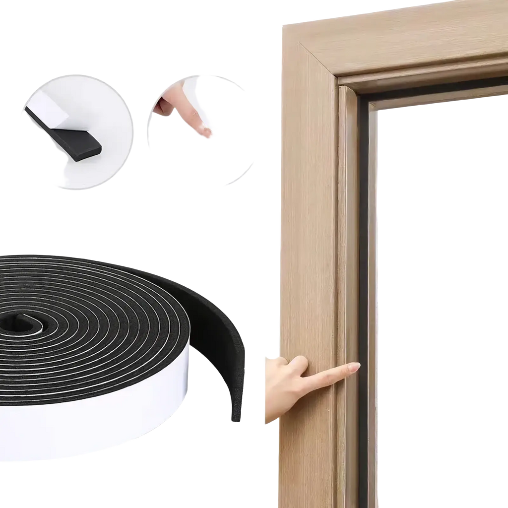Black foam door weather stripping foam tape with white adhesive backing applied to a wooden door frame for sealing