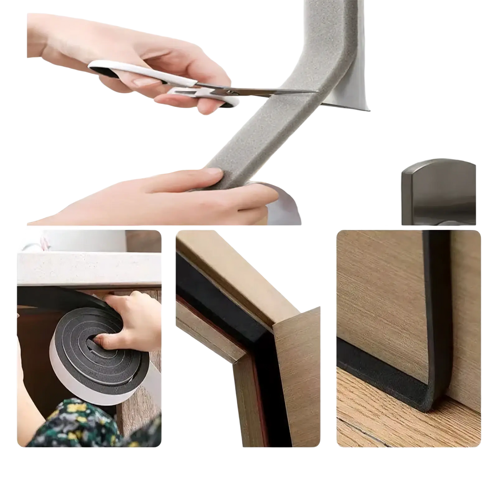 Gray foam weather stripping tape with adhesive backing for door and window edge protection