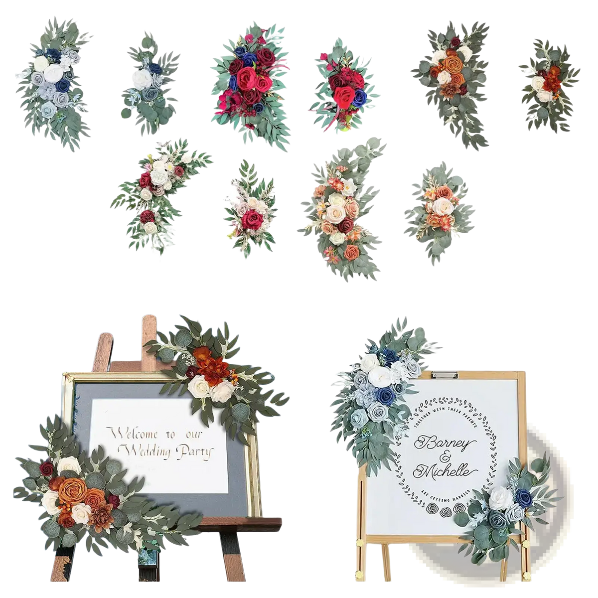 Artificial floral wreaths featuring navy blue and white silk blooms with greenery in elegant cascading wedding arch designs