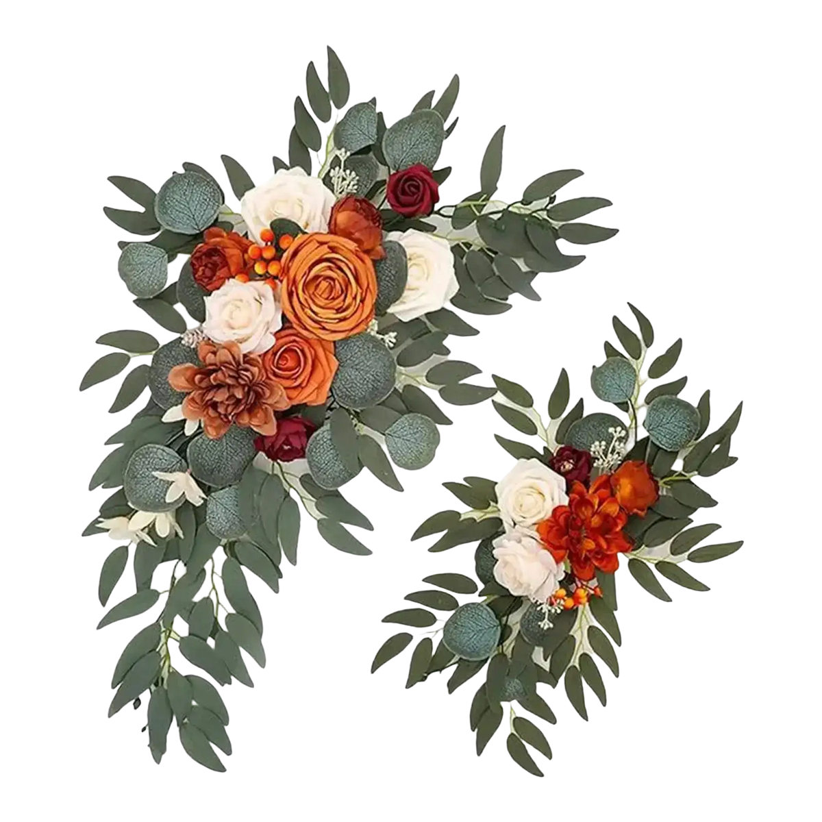 Wedding arch flowers featuring orange white and deep red roses with eucalyptus leaves in navy blue and white swag