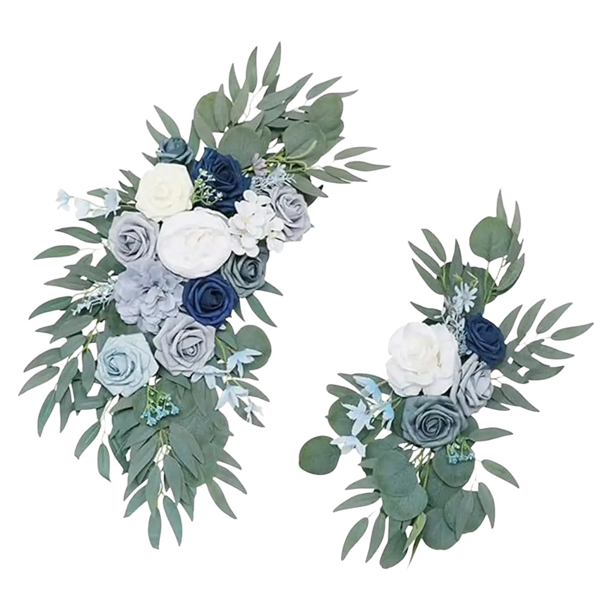 Elegant navy blue and white artificial floral wreath with green eucalyptus leaves for wedding arch decoration