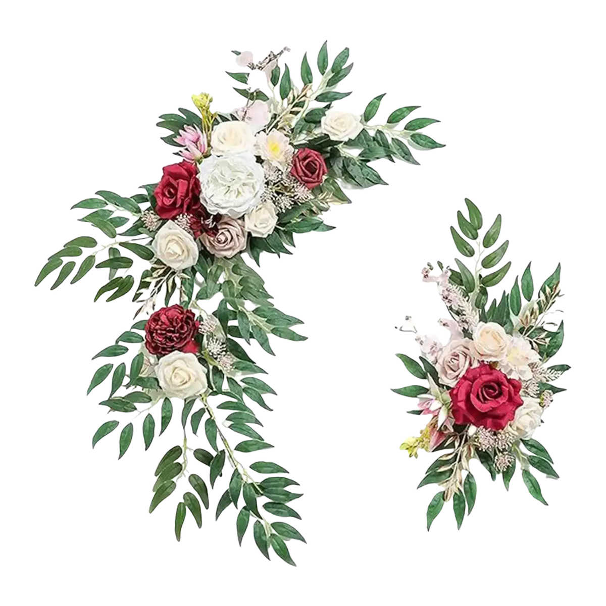 Elegant wedding arch flowers featuring deep red and creamy white roses with lush green foliage for wedding decor