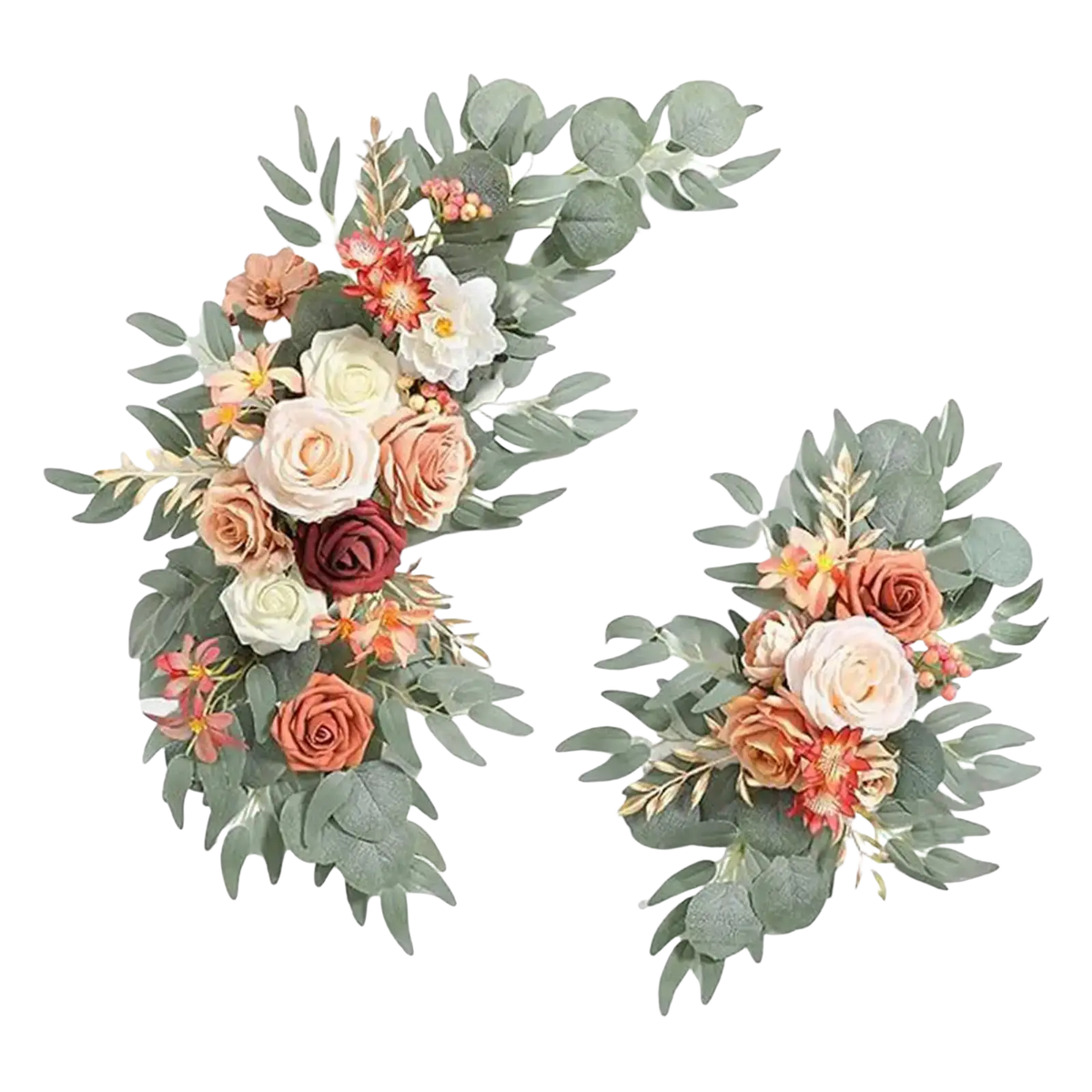 Elegant wedding arch flowers with blush cream and deep red roses and sage eucalyptus leaves navy blue and white floral swag