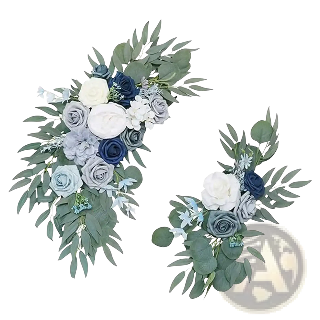 Elegant wedding arch flowers featuring a navy blue and white floral swag with artificial blue white gray roses and eucalyptus leaves