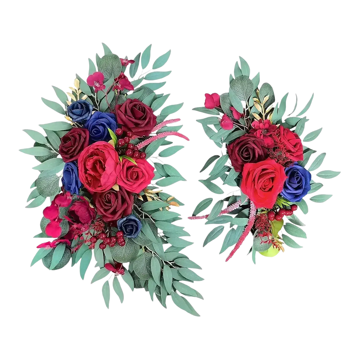 Elegant wedding arch flowers featuring navy blue, white, red, burgundy roses with teal leaves and berry accents