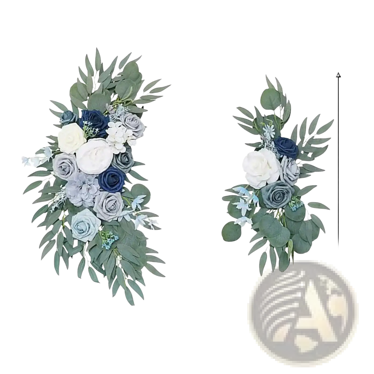 Elegant wedding arch floral swag featuring navy blue white light blue artificial roses with green eucalyptus leaves