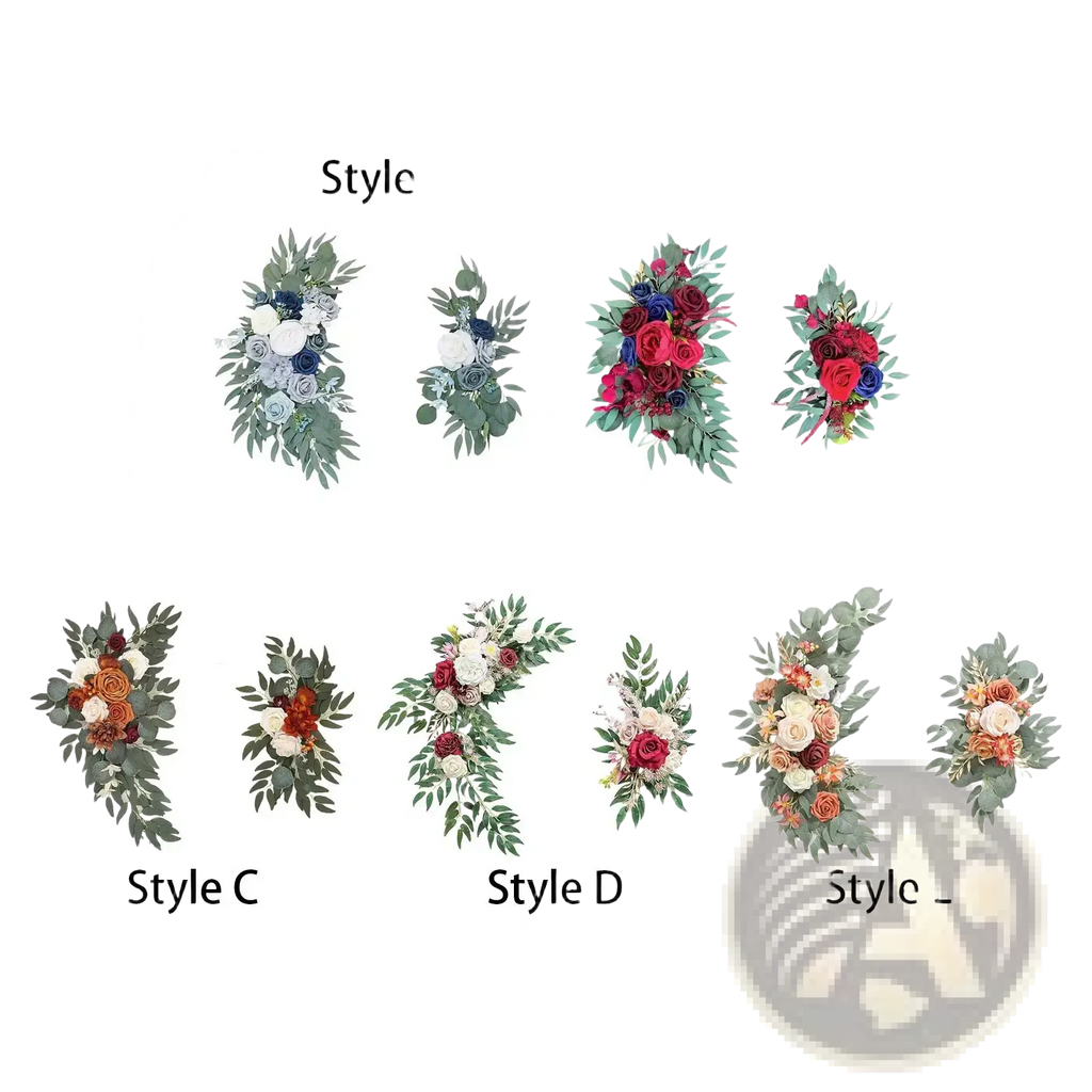 Elegant wedding arch flowers navy blue and white floral swag with realistic silk blooms and greenery in assorted colors