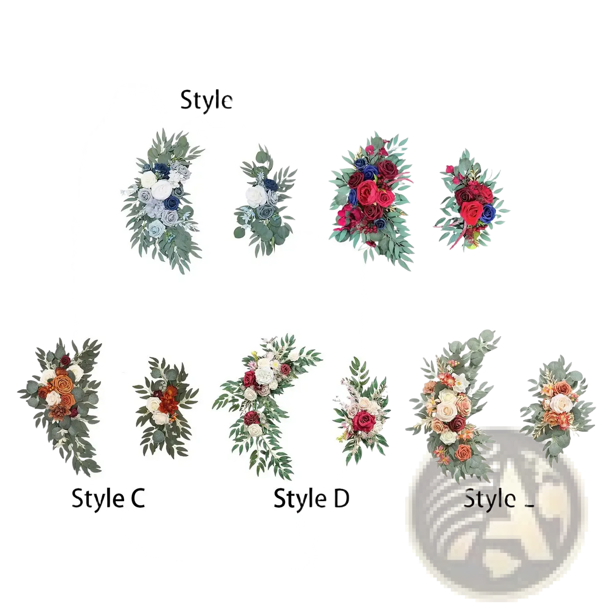 Elegant wedding arch flowers navy blue and white floral swag with realistic silk blooms and greenery in assorted colors