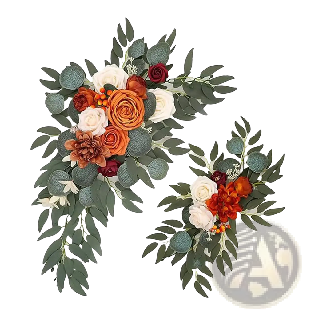 Fall-themed artificial floral wreath featuring orange white and burgundy roses with green eucalyptus leaves for wedding arch flowers navy blue and white floral swag