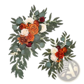 Fall-themed artificial floral wreath featuring orange white and burgundy roses with green eucalyptus leaves for wedding arch flowers navy blue and white floral swag