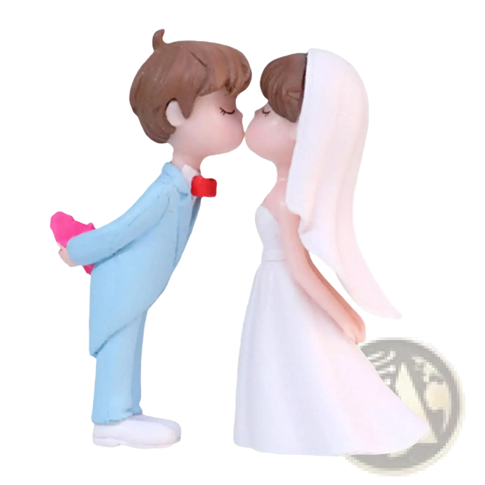 Cute resin wedding cake topper figurines of a bride in white gown and groom in light blue suit holding a pink heart