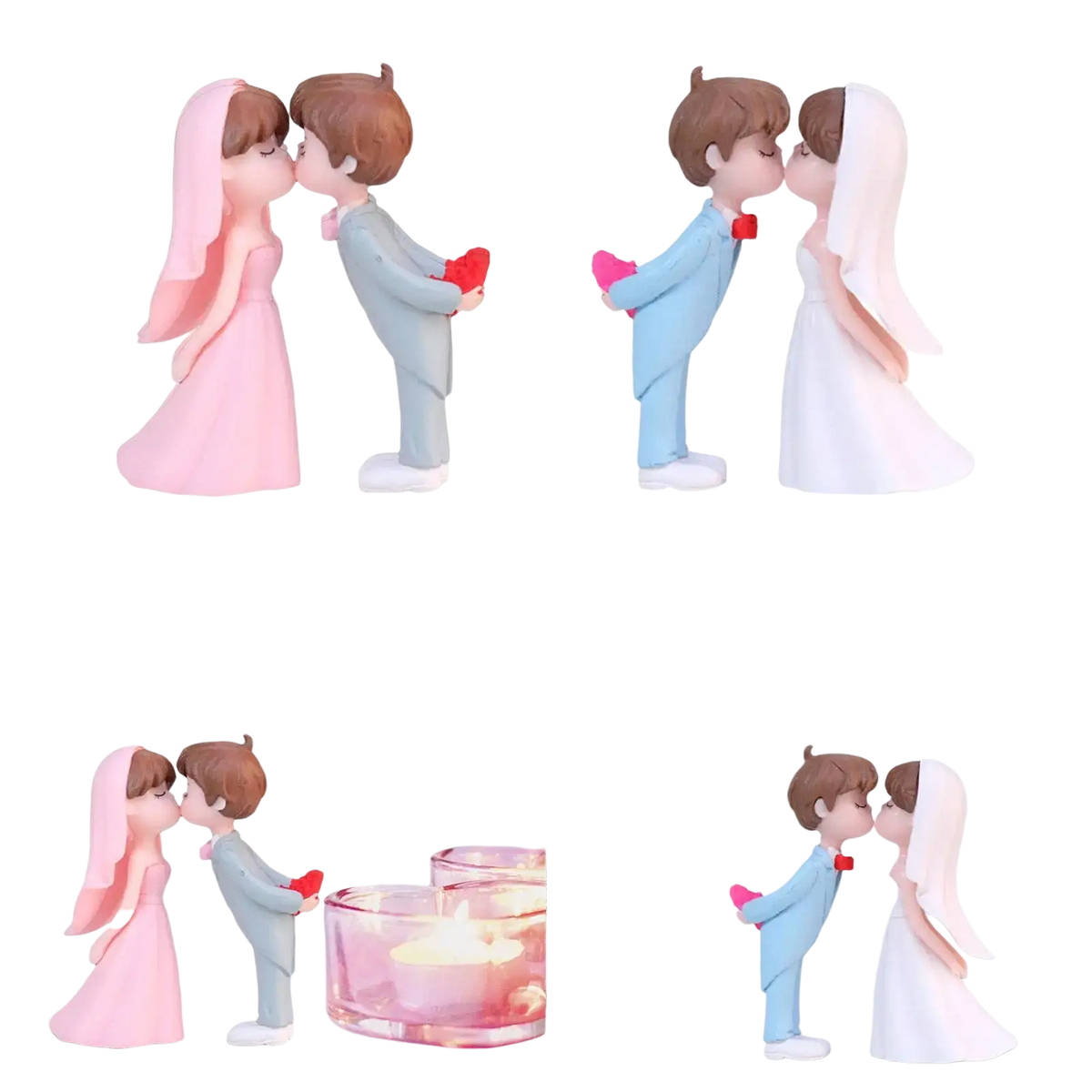 Wedding cake topper bride and groom resin figurines of a couple kissing dressed in pink dress and white gown