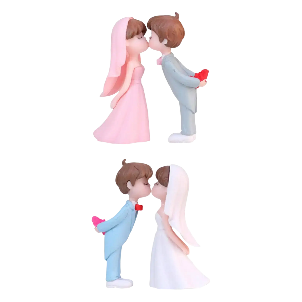 Wedding cake topper bride and groom resin figurines in pastel pink and blue outfits holding a red heart